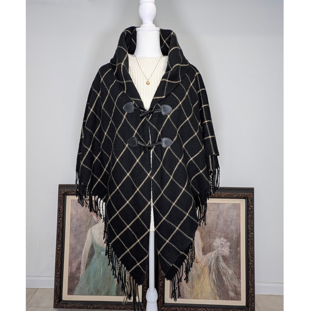 Black Beige Plaid Fringe Trim Boho Cottagecore Shawl Poncho Grandmacore 1 size